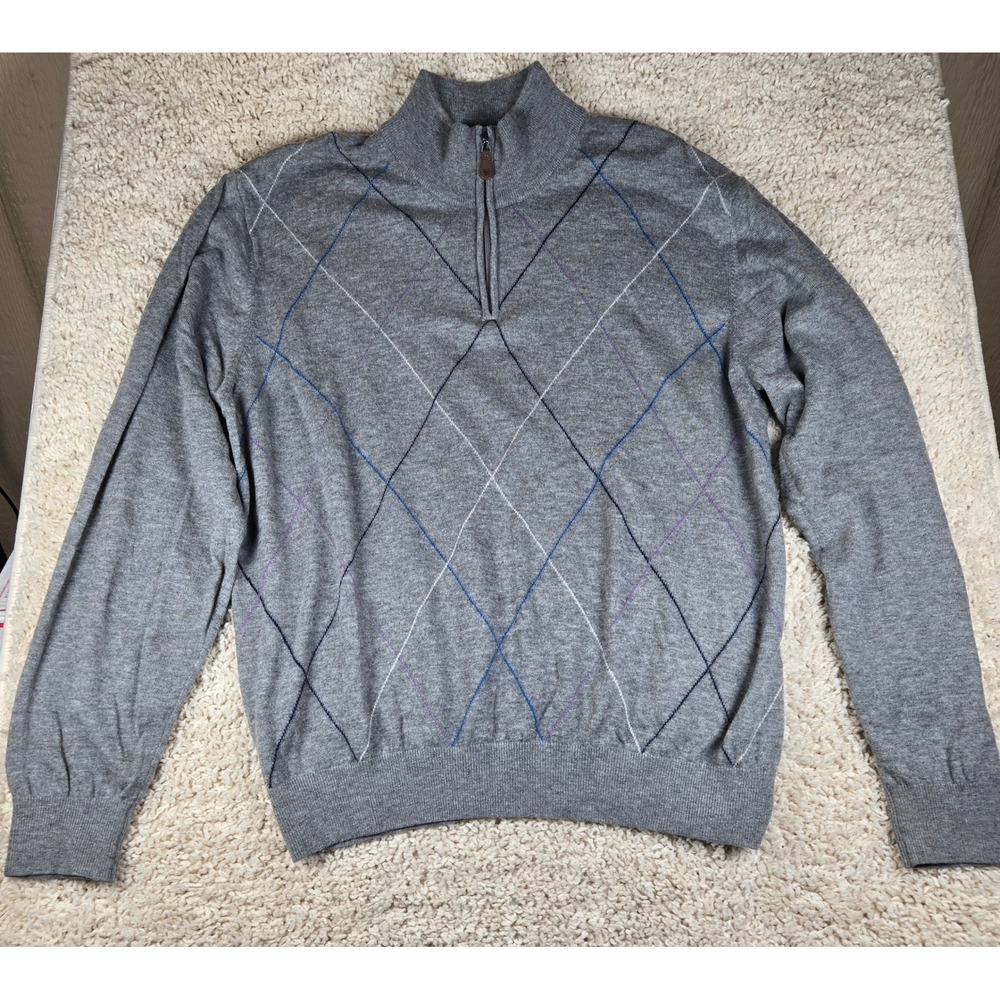 Oxford Golf Mens Merino Wool Argyle Quarter Zip Sweater XL Grey Diamond Pullover